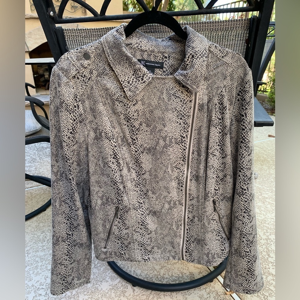 INC XL Snakeskin zippered moto jacket. Bisque, black, tan, grey. Very soft/Warm
